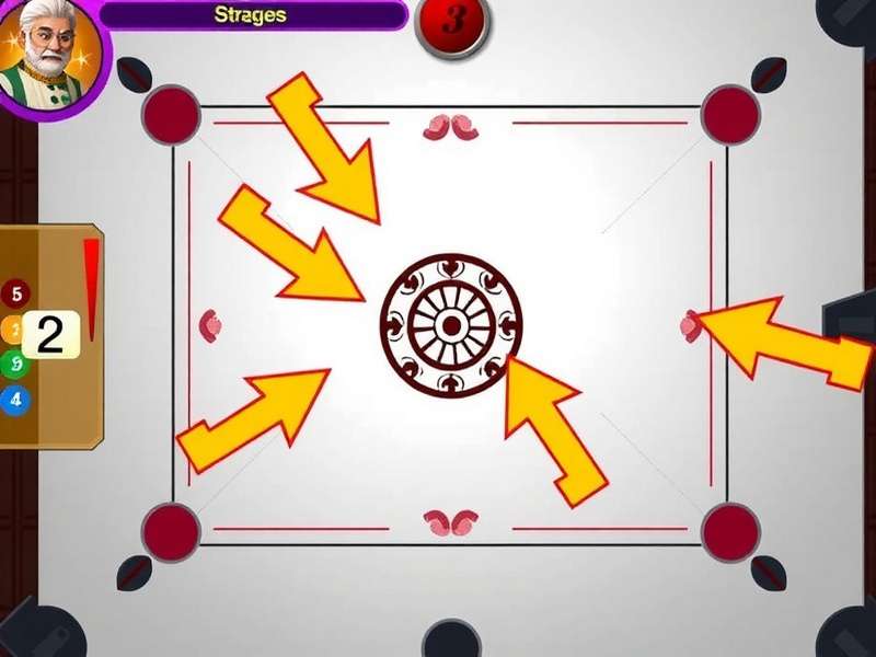 Carrom Champion Legend advanced gameplay strategies with arrow indicators showing optimal striker paths